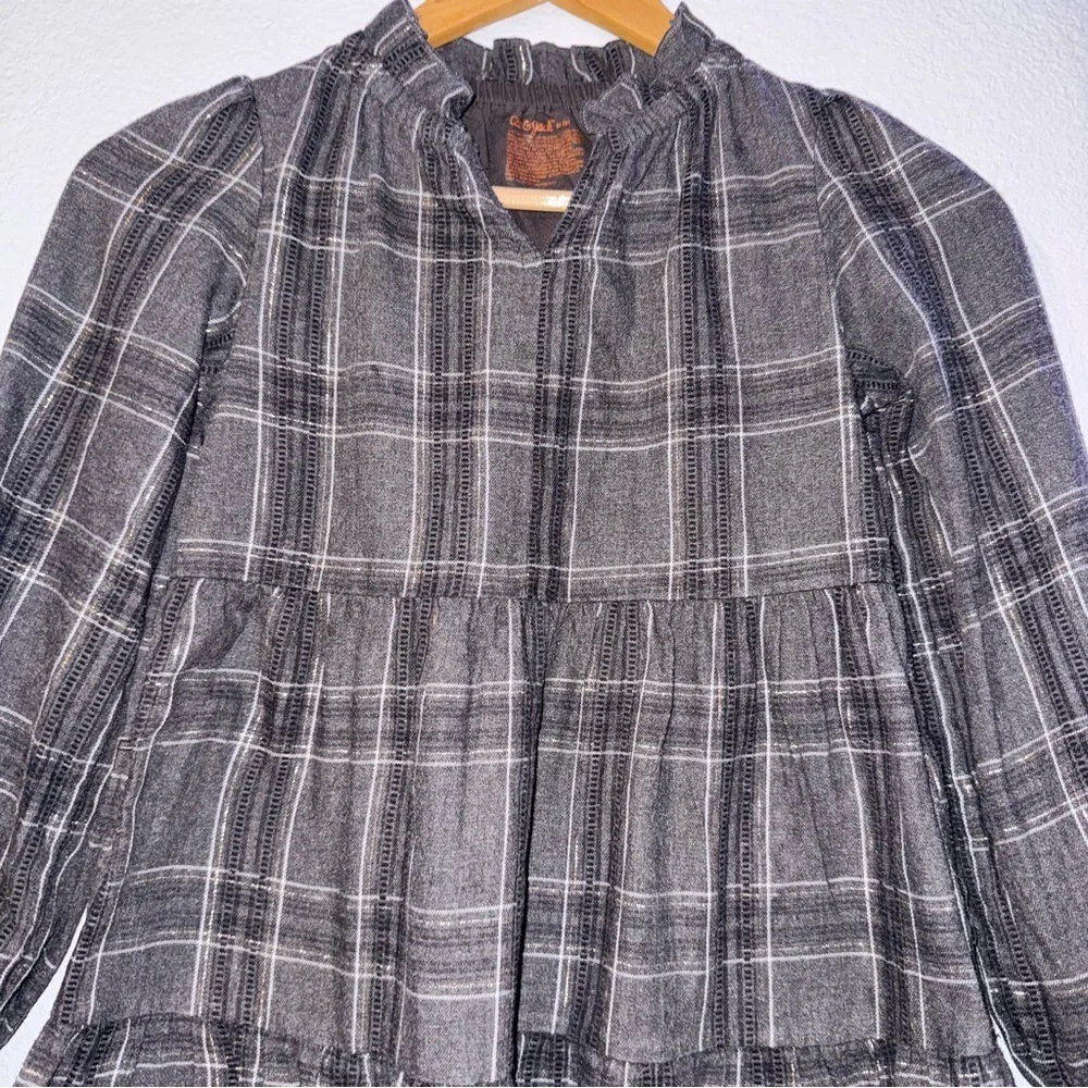 Cat & Jack Plaid Dress in Charcoal Grey with Gold Foil Accent Long Sleeve Kids M